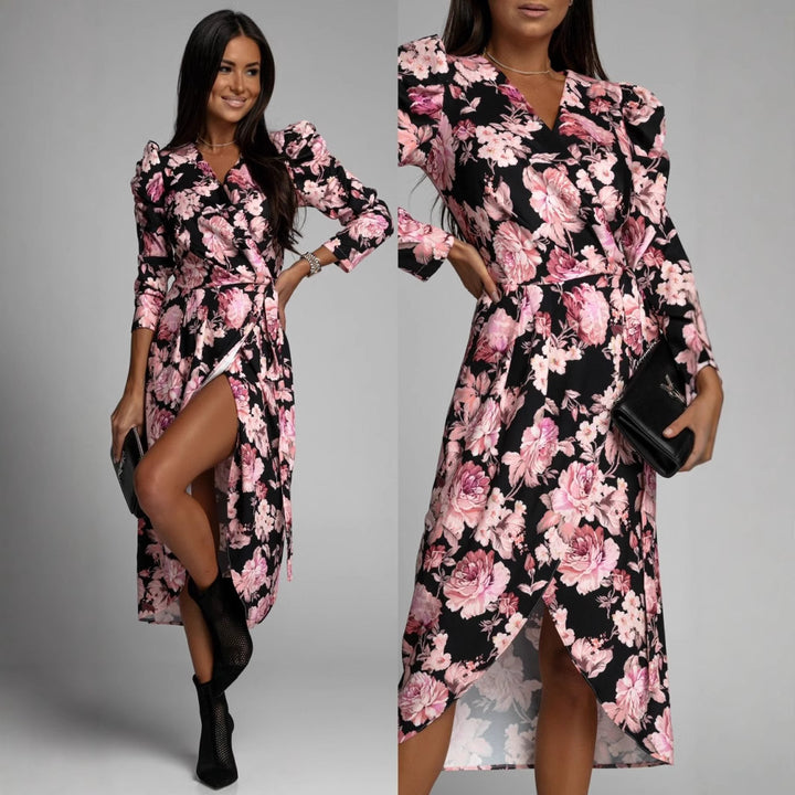 Floral print wrap dress for women with an elegant slit detail Lune London