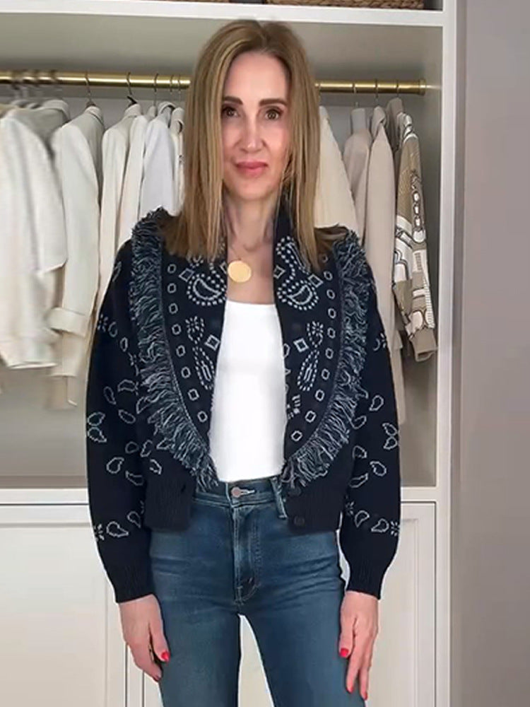 Knit cardigan for women with fringe details and a geometric pattern Lune London