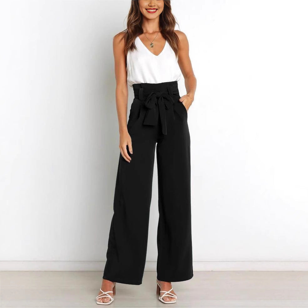 Elegant high-waisted pants for women with a tie belt and wide leg Lune London