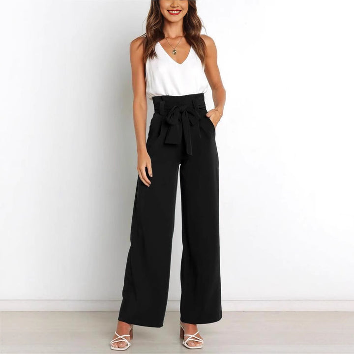 Elegant high-waisted pants for women with a tie belt and wide leg Lune London