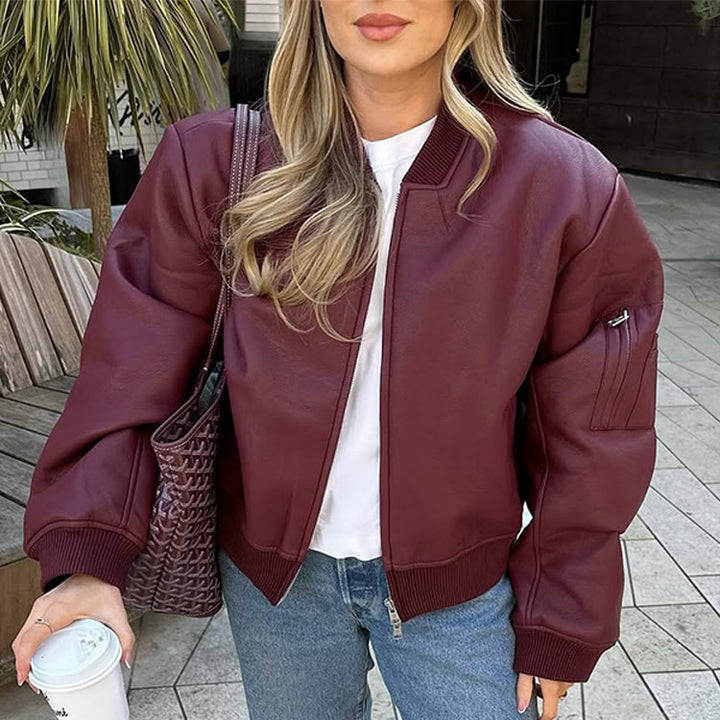 Ladies Casual Leather Jacket with Voluminous Sleeves and Zipper Lune London