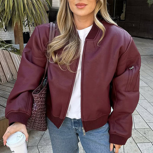 Ladies Casual Leather Jacket with Voluminous Sleeves and Zipper Lune London