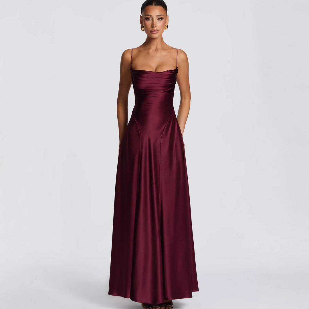 Women's Elegant Maxi Dress with Refined Spaghetti Straps and Flowing Satin Lune London