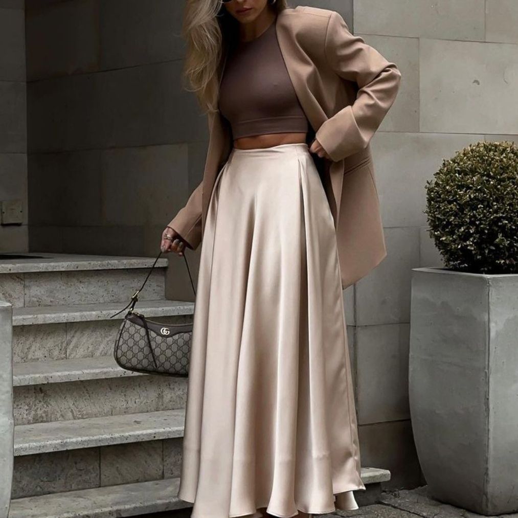 Elegant satin maxi dress for women with flared skirt Lune London