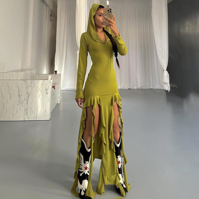 Maxi dress with long sleeves for women with hood and ruffle details Lune London