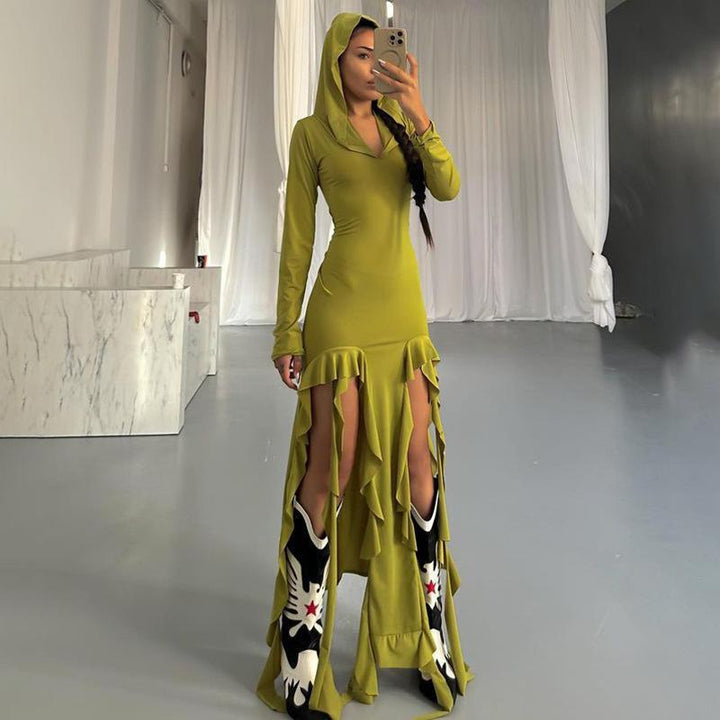 Maxi dress with long sleeves for women with hood and ruffle details Lune London