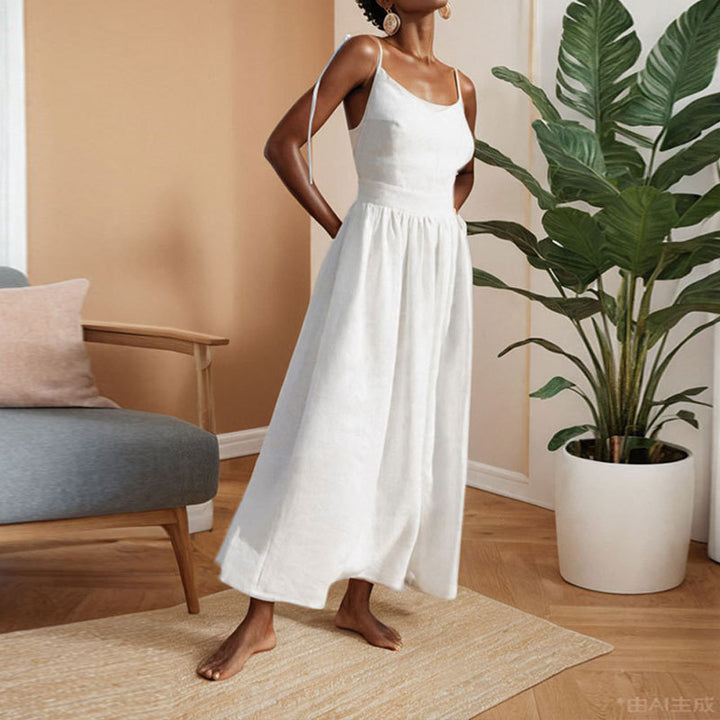 Robe longue en lin pour femmes avec décolleté en V profond et taille cintrée Chic & Stil