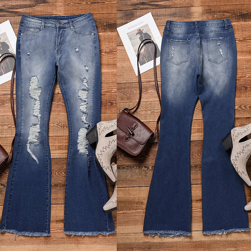 Women's flared jeans with distressed effects and frayed hem Lune London