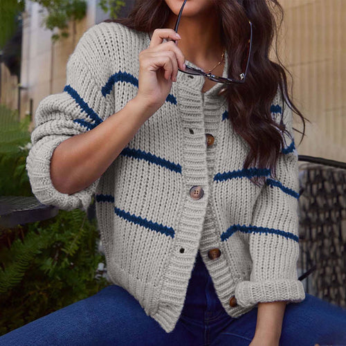 Knitted jacket for women with casual stripes and practical buttons Lune London
