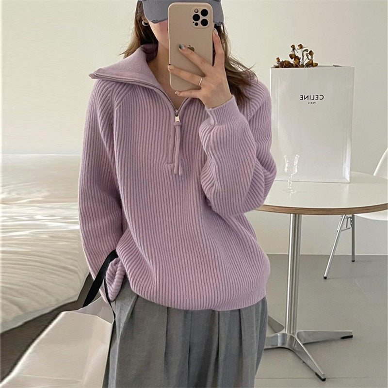 Ladies light knit sweater with high collar and decorative zipper Lune London