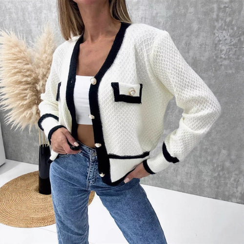 Ladies Elegant knitted cardigan with pearl buttons and contrasting details Lune London