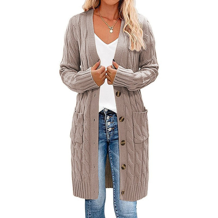 Women Chunky Knit Cardigan with Deep Pockets and Decorative Cable Design Lune London