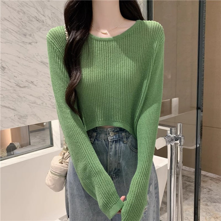 Women's Cropped Knit Sweater with Fine Weave Pattern and Casual Shoulder Areas