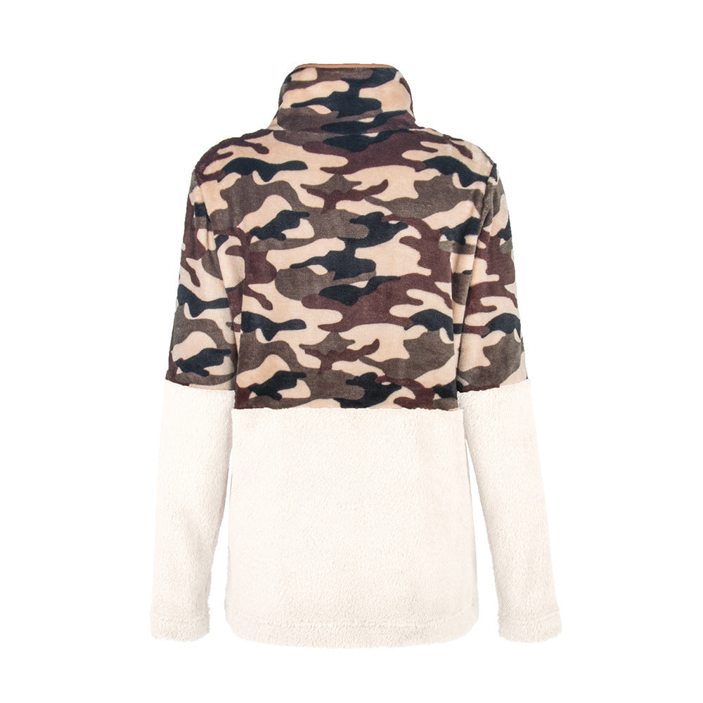 Warm fleece jacket for women with a camouflage design and high collar Lune London