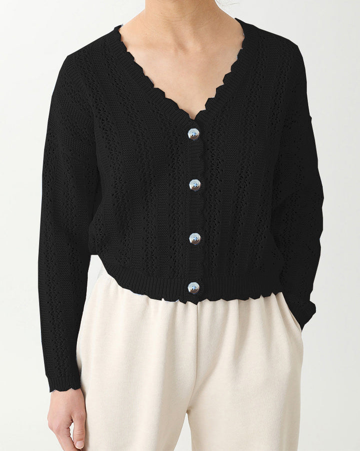 Knitted cardigan for women with feminine ruffles and button details Lune London