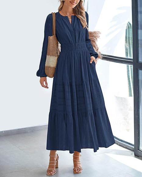 Maxi dress for women with elegant sleeves and refined elastic at the waist Lune London
