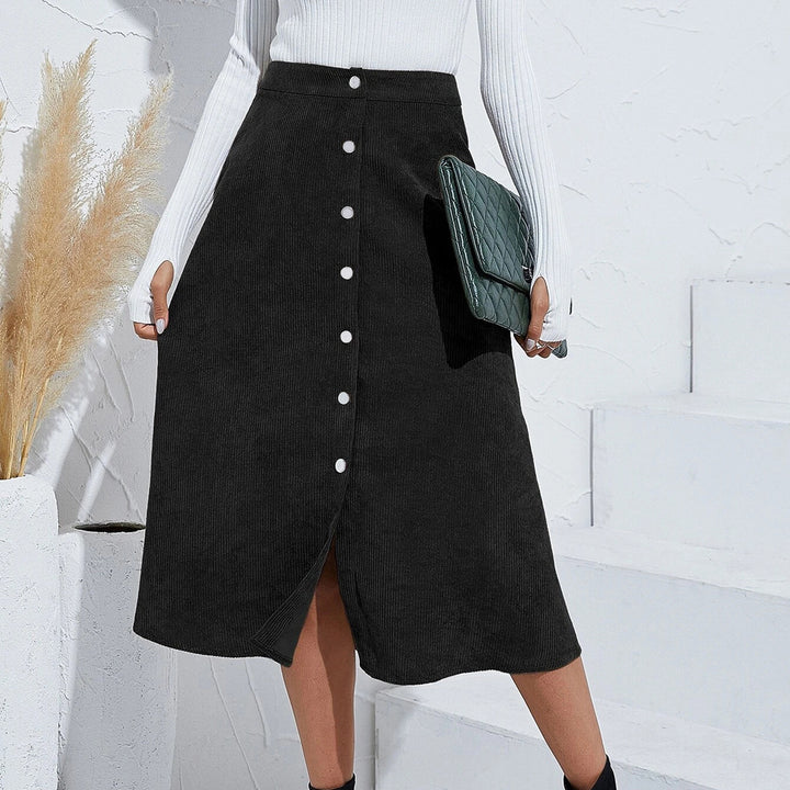 Long corduroy skirt for women with button placket Lune London