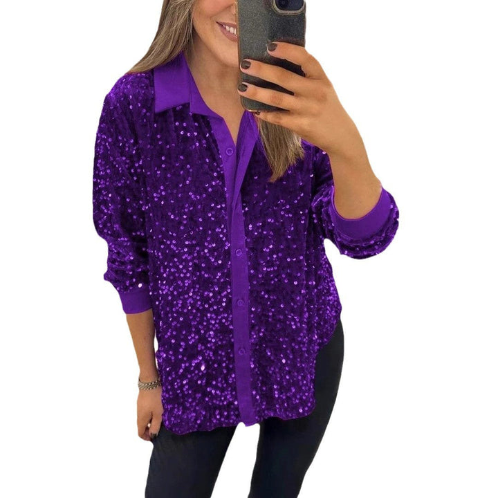 Women Glittering Blouse Made Of Sequins with Classic Collar Lune London