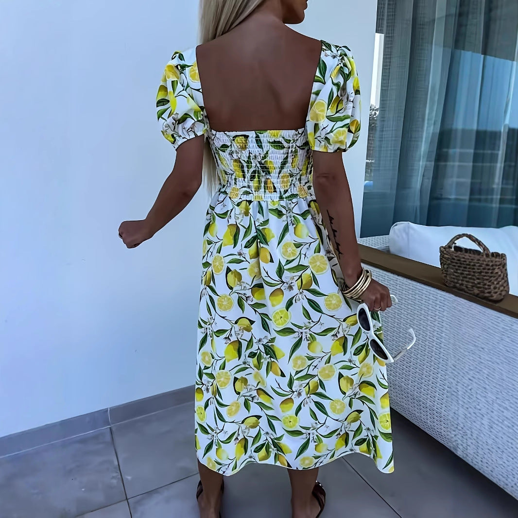 Maxi dress for women with fruity print and side slit Lune London