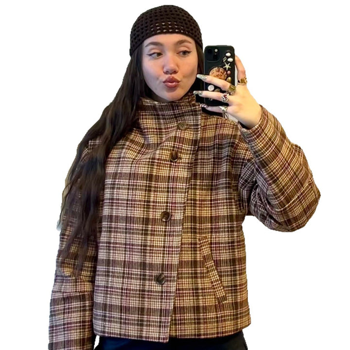 Ladies Oversized Checked Jacket with High Collar and Single Button Placket Lune London