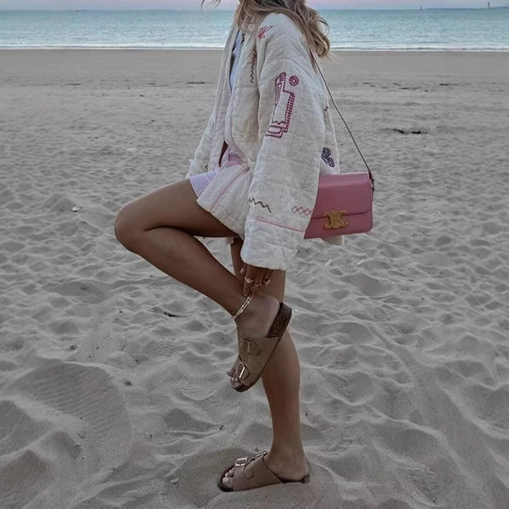 Women's kimono jacket with decorative embroidery design and practical pockets Lune London