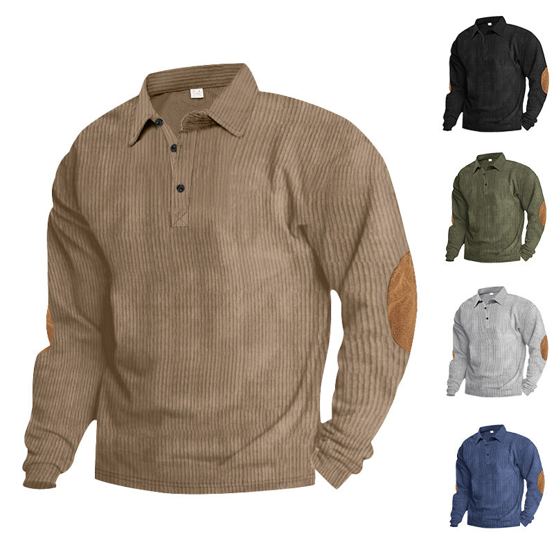 Casual long sleeve Henley T-shirt for men in textured ribbed fabric with contrasting elbow patches Lune London