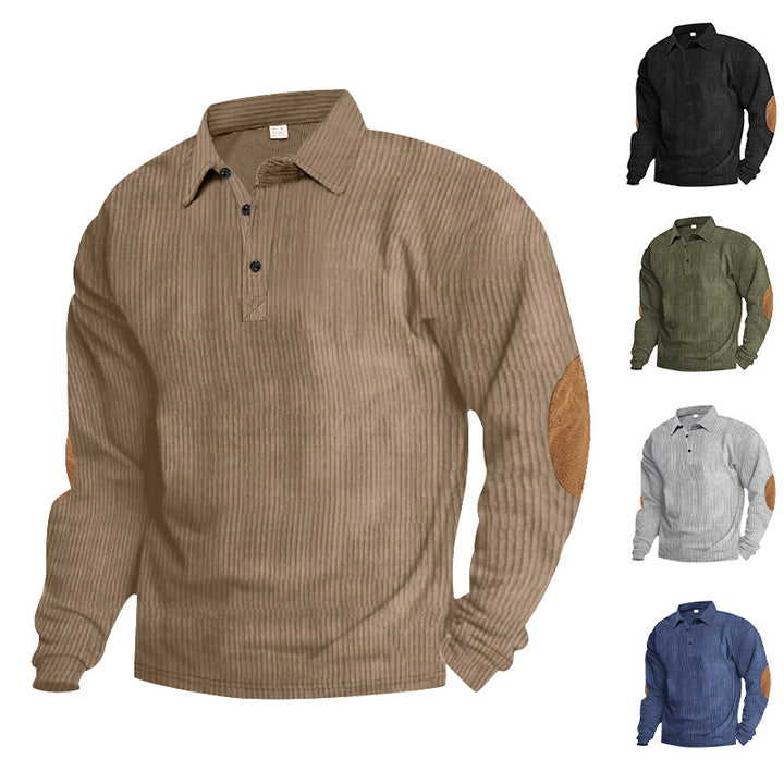 Casual long sleeve Henley T-shirt for men in textured ribbed fabric with contrasting elbow patches Lune London