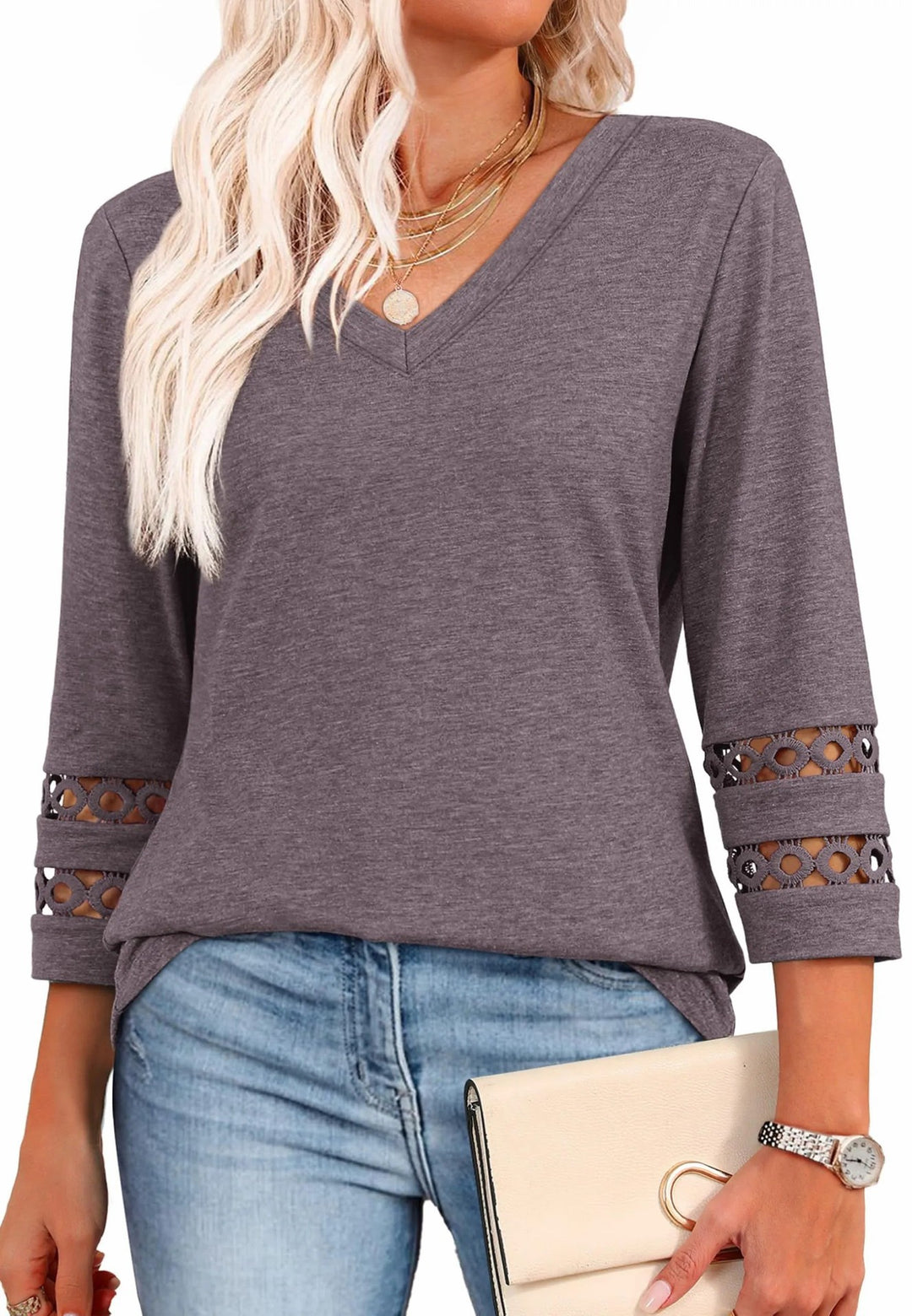 Casual V-neck T-shirt for women with lace sleeves Lune London