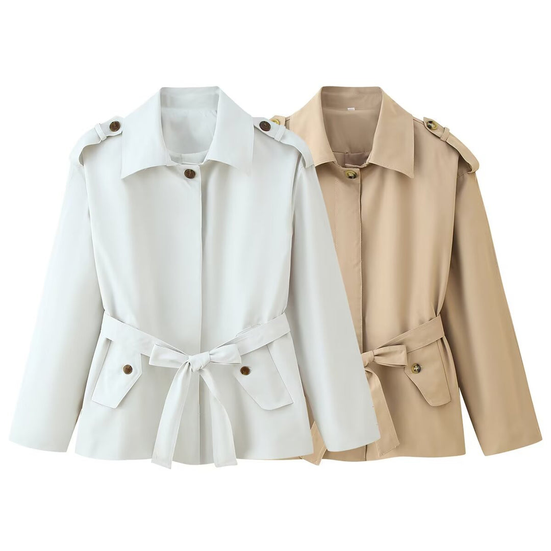 Fashionable women's transitional jacket with belt at the waist and functional buttons Lune London