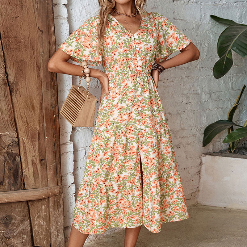 Floral maxi dress for women with button closure and side slit Lune London