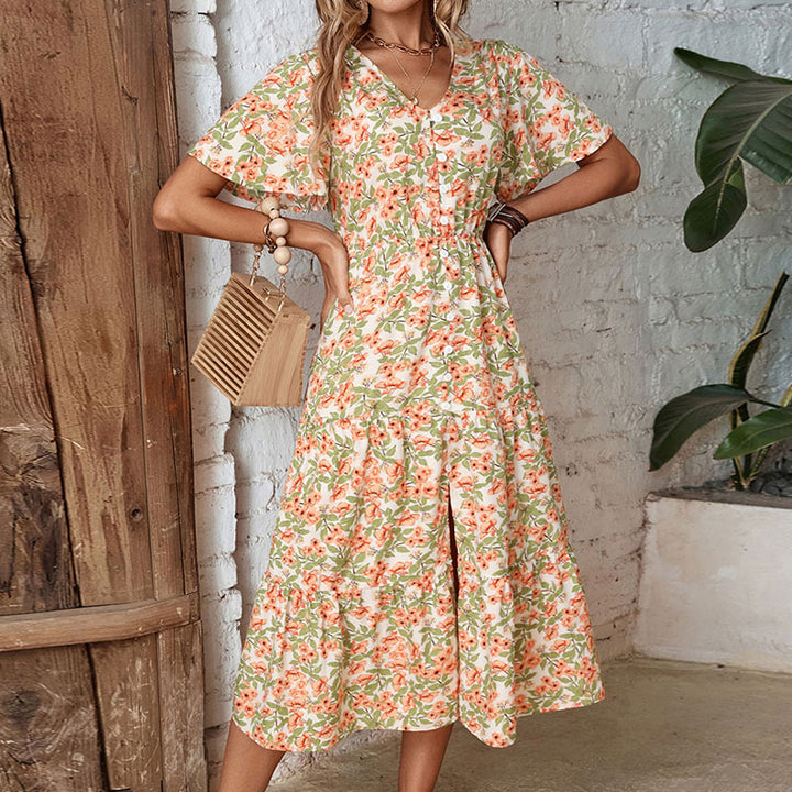 Floral maxi dress for women with button closure and side slit Lune London