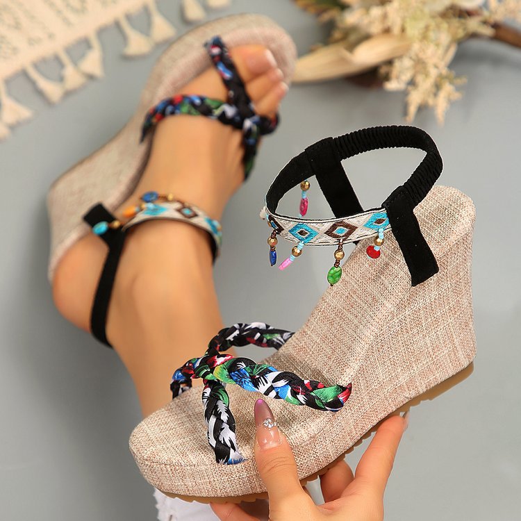 Wedge heel sandals for women with a colorful geometric pattern and elegant straps Lune London