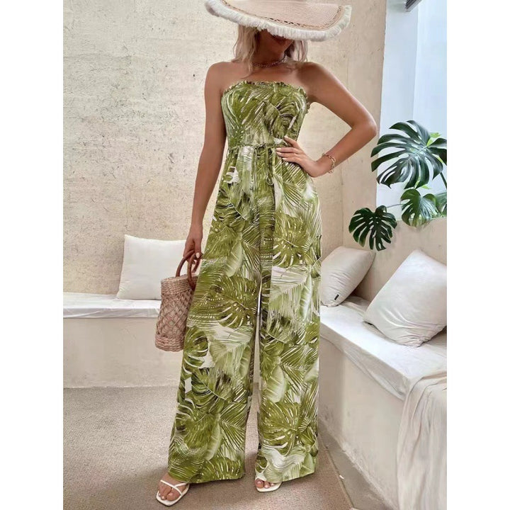 Ladies Tropical Print Wide Leg Jumpsuit Lune London