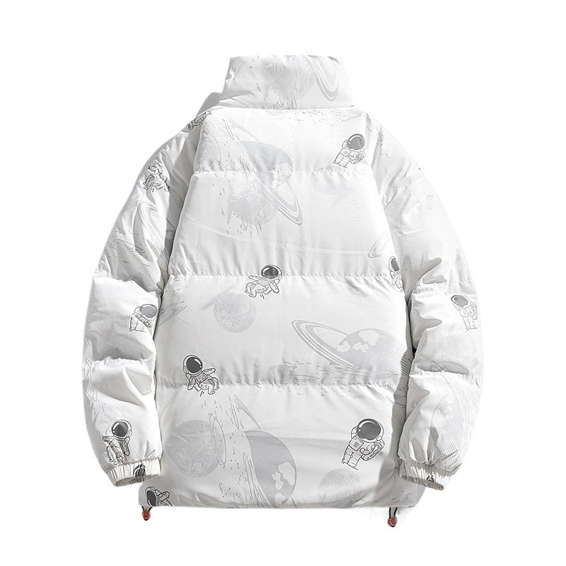 Ladies futuristic quilted jacket with astronaut patterns Lune London