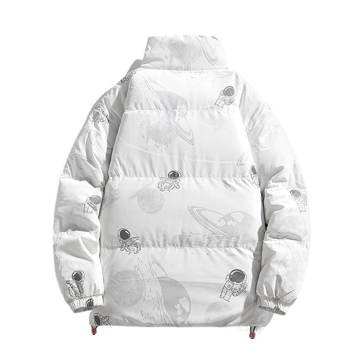 Ladies futuristic quilted jacket with astronaut patterns Lune London