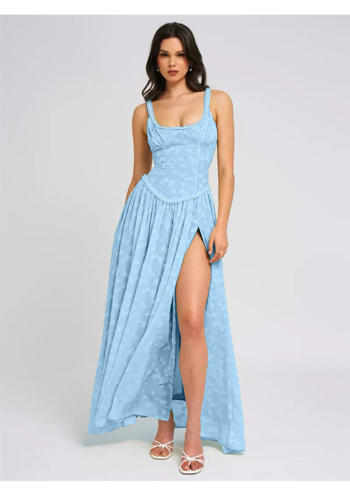 Women Floor-Length Lace Dress with Transparent Inserts and Refined Slit Lune London