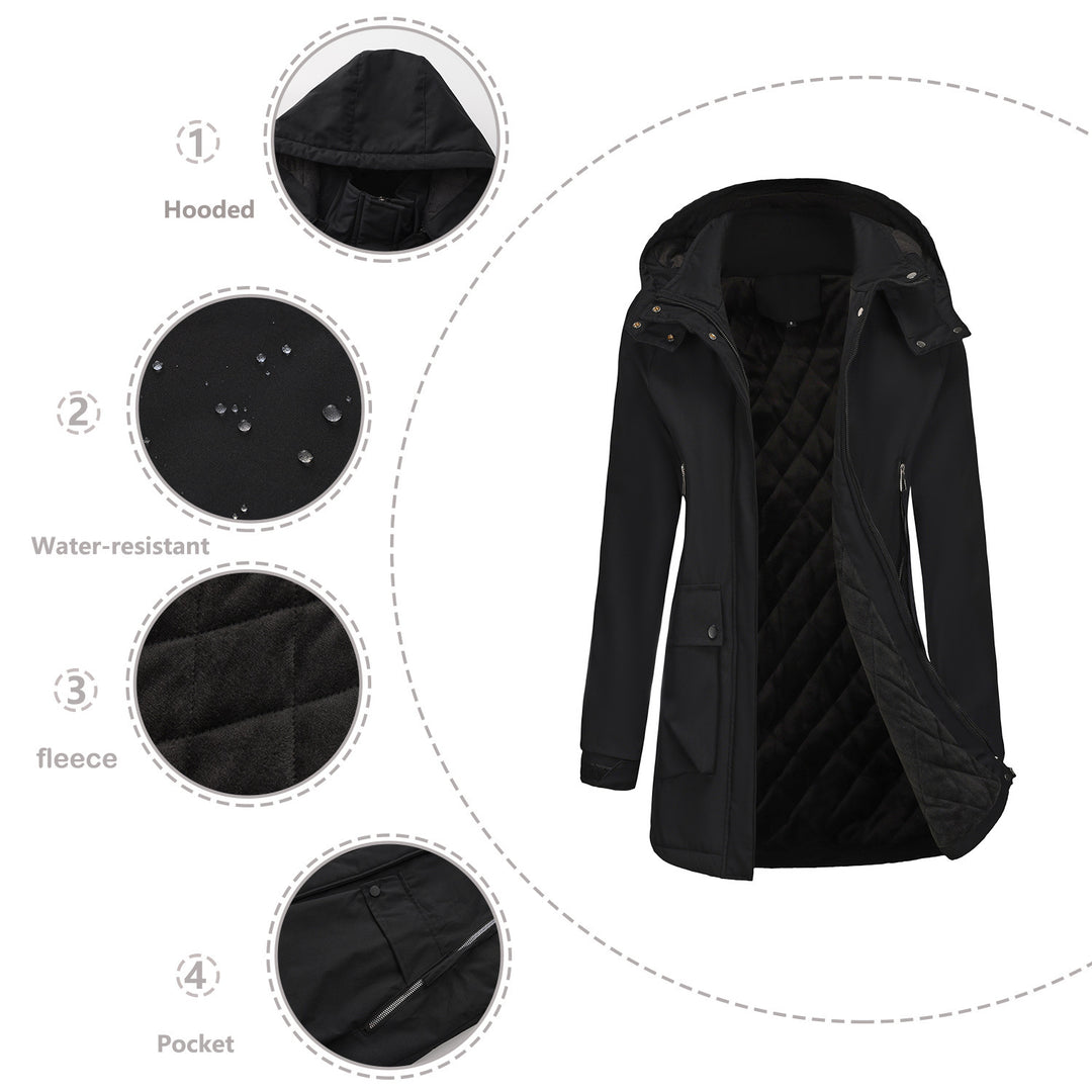 Functional jacket for women with removable hood and practical pockets Lune London