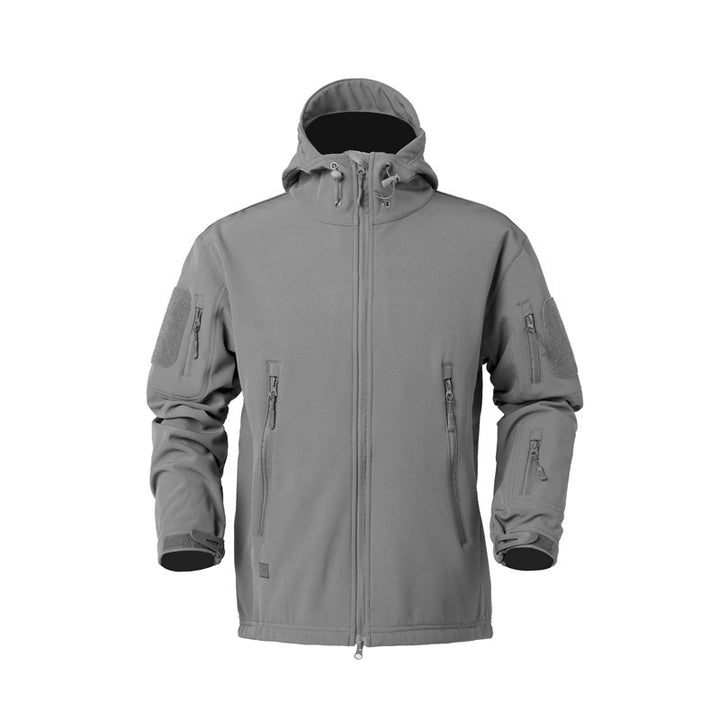 Tactical softshell jacket for men with numerous zipped pockets and an adjustable hood collar Lune London