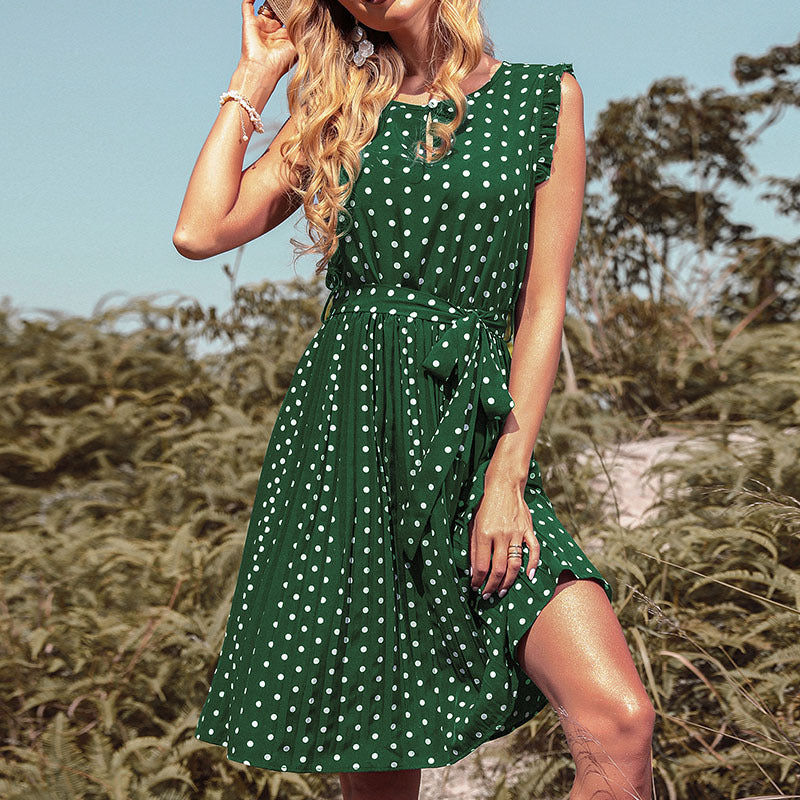 A-line polka dot dress for women with adjustable tie belt Lune London