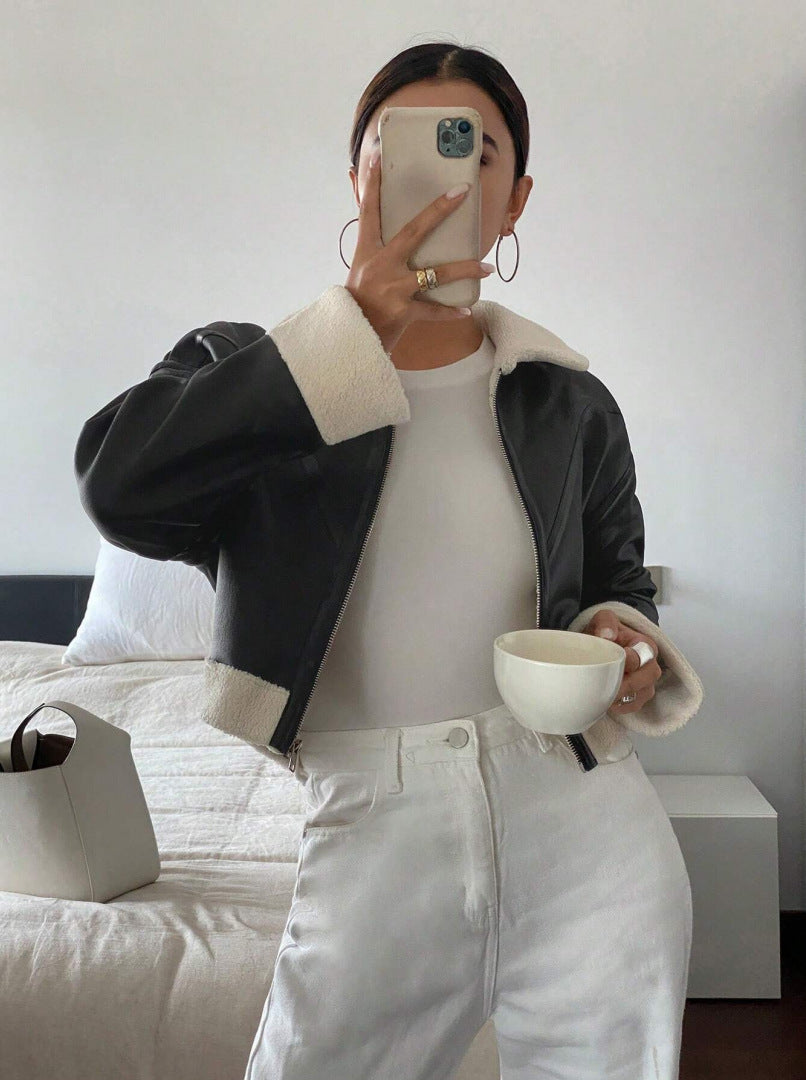 Trendy plush jacket for women with shiny surface and stylish collar Lune London