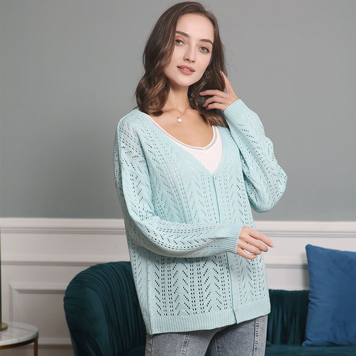 Women's knitted cardigan with airy lace pattern and V-neck Lune London