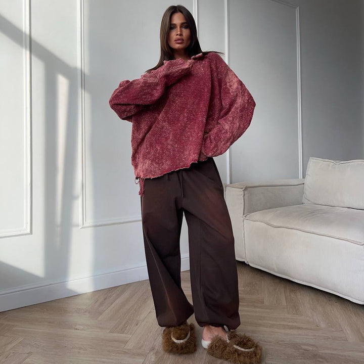 Casual oversized sweater for women with ruffled hem and V-neck Lune London