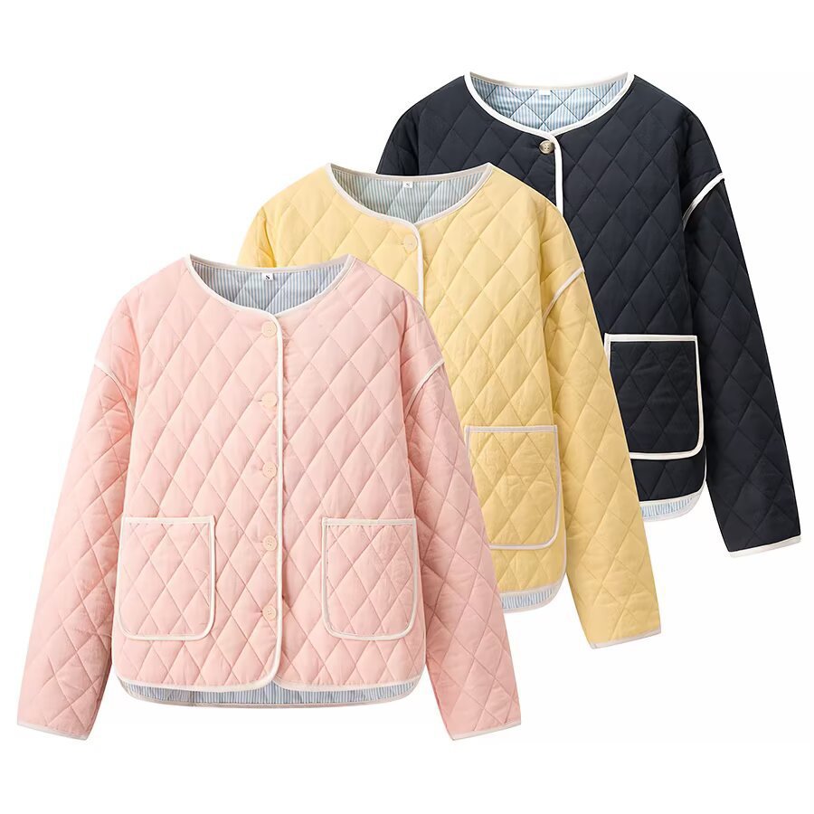 Women's quilted transition jacket with round collar and practical pockets Lune London