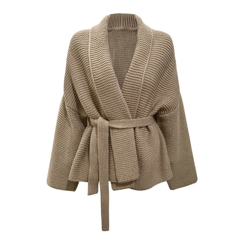 Women's chunky knit cardigan with wide shawl collar and tieable belt Lune Londonl