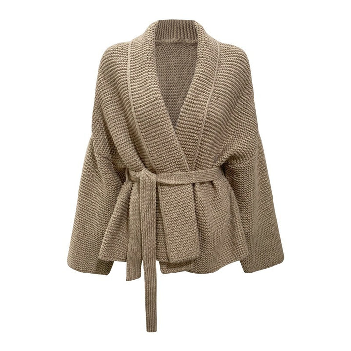 Women's chunky knit cardigan with wide shawl collar and tieable belt Lune Londonl