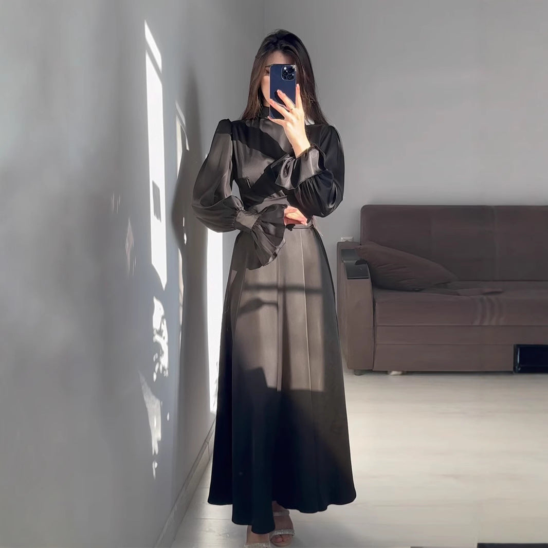 Women Elegant Maxi Dress with Voluminous Puff Sleeves and High-Quality Satin Surface Lune London