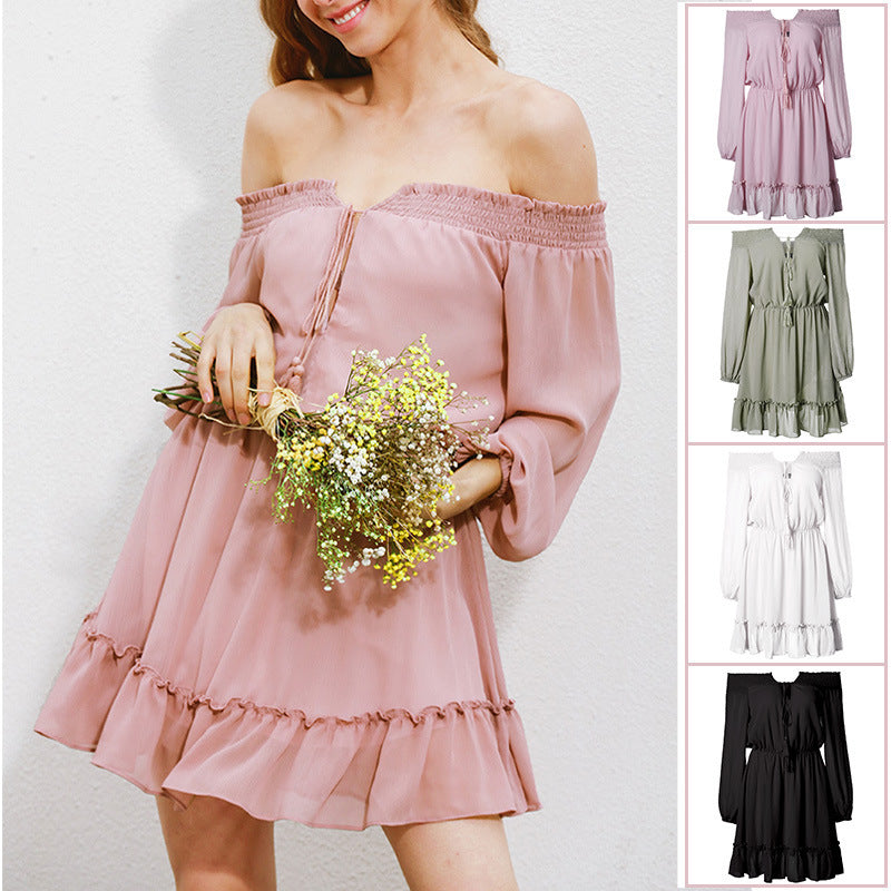 Off-shoulder dress for women with ruffle details and elastic waist drawstring Lune London