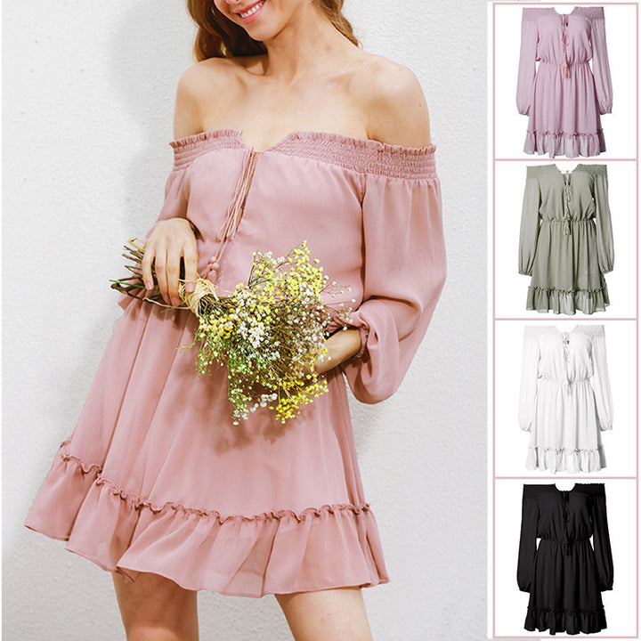 Off-shoulder dress for women with ruffle details and elastic waist drawstring Lune London