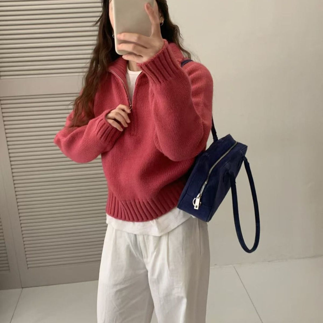 Pull tricot féminin à col montant et fermeture éclair Chic & Stil