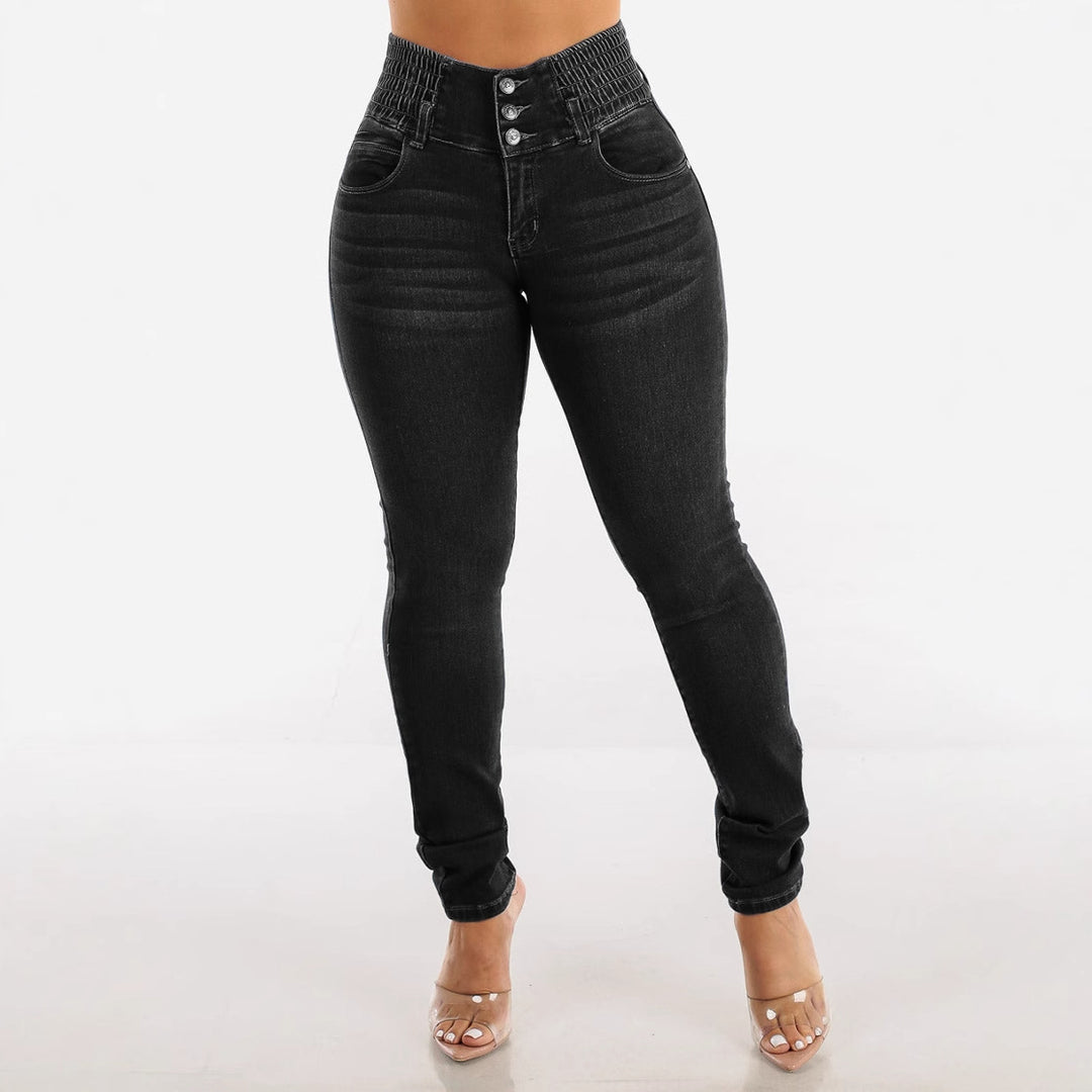 Jeans skinny taille haute pour femmes avec ceinture élastique et boutons décoratifs Chic & Stil